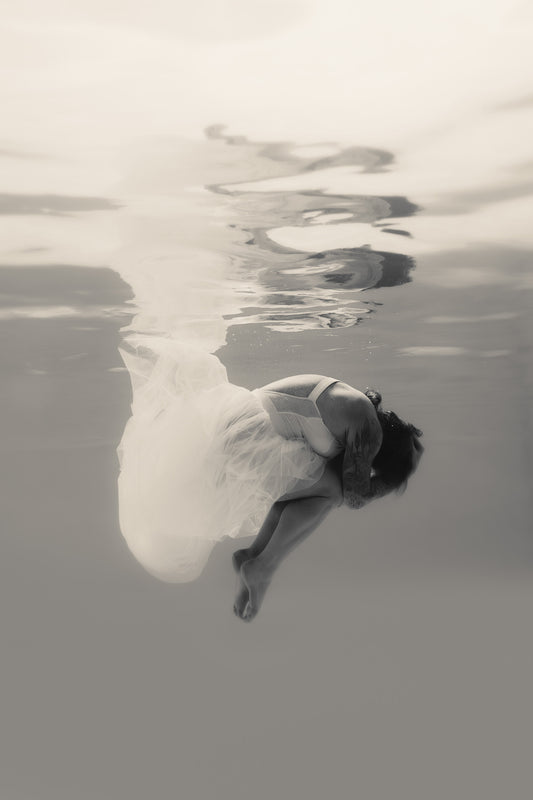 Hushed | Framed Canvas Art Print, Black and White Photography, Underwater Portrait
