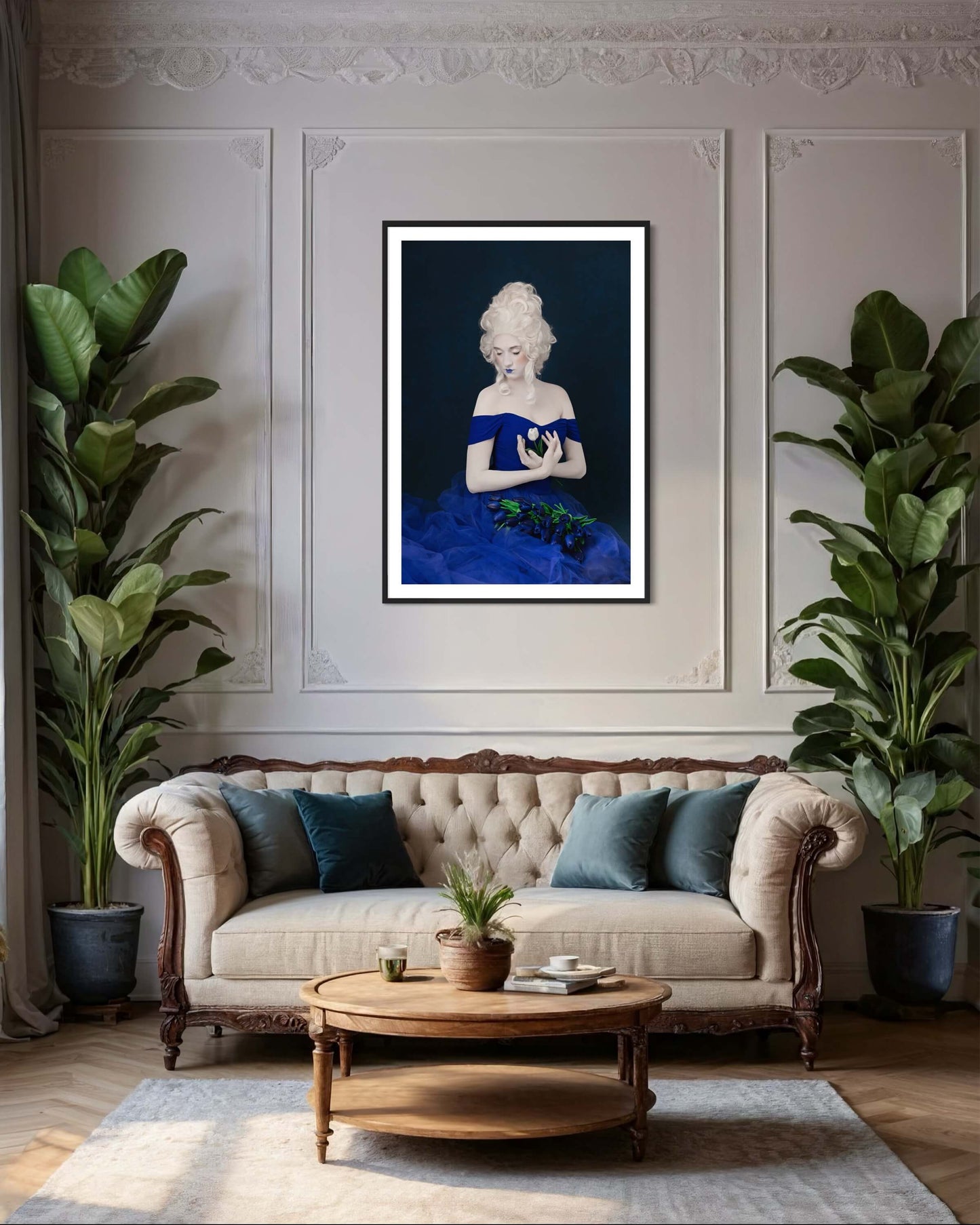 kunst kopen kunst aan de muur wanddecoratie delfts blauw kunst foto vrouw tulp