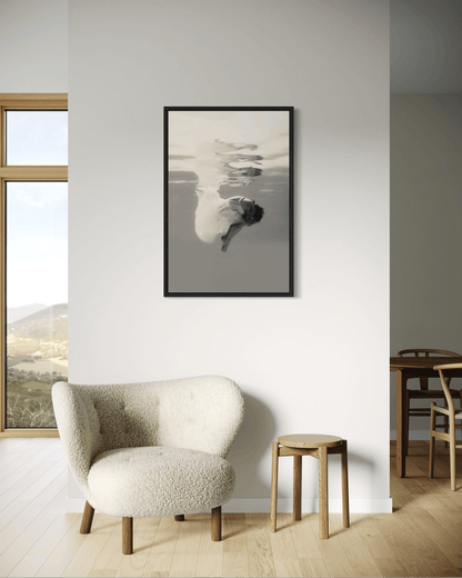 Hushed | Framed Canvas Art Print, Black and White Photography, Underwater Portrait