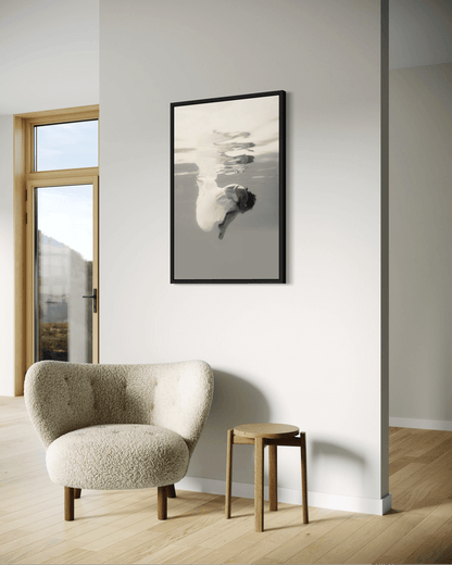 Hushed | Framed Canvas Art Print, Black and White Photography, Underwater Portrait